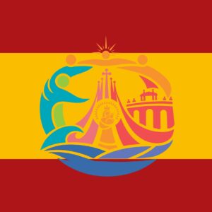 Bandera de España con logotipo Alzad la mirada visita del Papa León XIV 2026